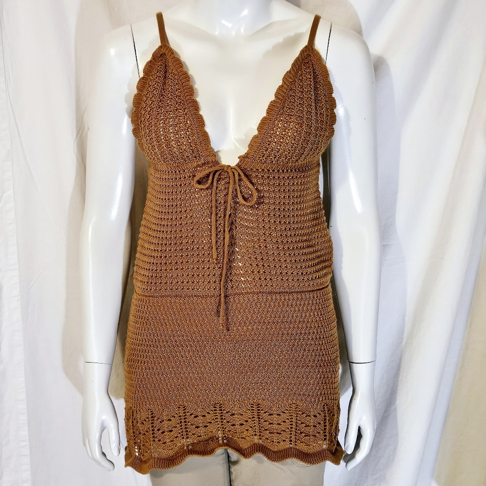 Poof! NWT Brown Crochet Tunic Tank Top Size Small Boho Festival Beach Vacation